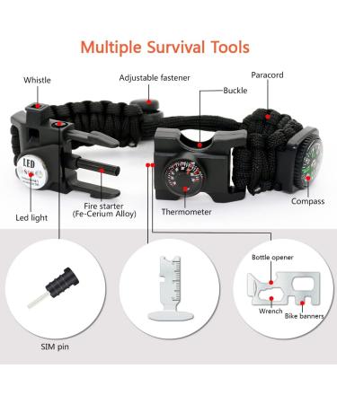 NVioAsport 20-in-1 Survival Paracord Bracelet with SOS LED Light, Fire Starter, Compass, Whistle Ideal for Camping, Hiking, Fishing | Adjustable Gear Kit in Black - Buy Online on GoSupps.com