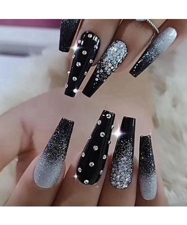 Joselin Black Gradient Applique Diamond False Nails Long Coffin Nail Tips Glitter Diamond Nails Nail Art - Buy Online on GoSupps.com