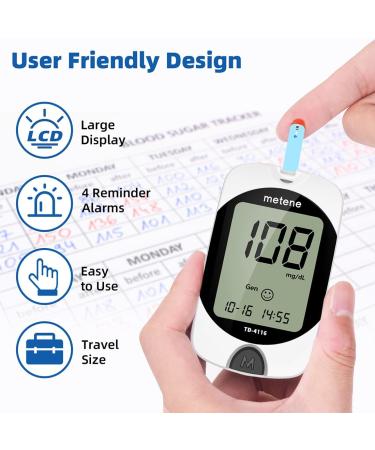 Metene TD-4116 Blood Glucose Monitor Kit with 100 Strips, Lancets, and Lancing Device - Coding-Free Diabetes Testing Kit with Large Display - Buy Online on GoSupps.com