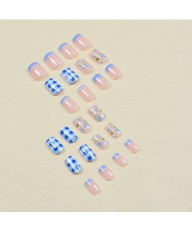 Shop Cute Press on Nails - Bee & Flower Designs | Square Full Cover Acrylic Nails - Blue & White Checkered French Tips for Summer - Perfect for Women & Girls - Buy Online on GoSupps.com