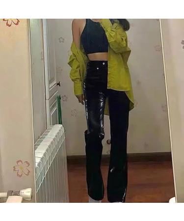 Soluo Women Comfor PU Straight Leg Pants High Waisted Elastic Faux Leather Wide Leg Pants Casual Streetwear Trousers Black X-Small - Buy Online on GoSupps.com