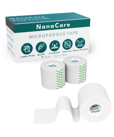 NanaCare Microporous Surgical Tape 5cm x 10m | 3 Rolls Micropore Surgical Tape | Medical Tape for Skin Dressings and Face | First Aid Tape Suitable for Sensitive Skin