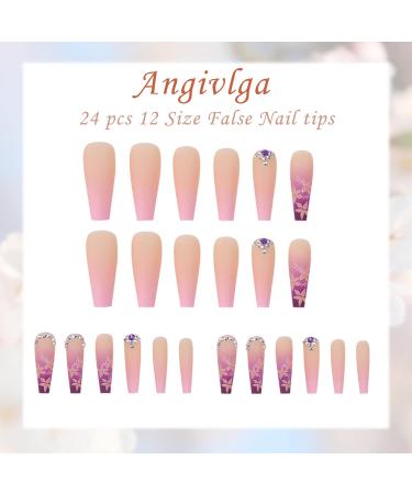 24 Pcs Long Coffin French Ballerina Fake Nails Set with Jelly Glue Sticker - Pink Floral Design for Women and Girls - Buy Online on GoSupps.com