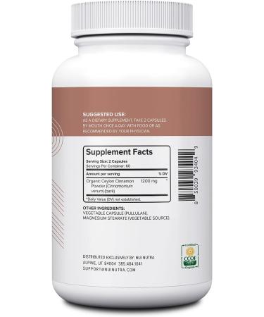 NUI NUTRA Organic Ceylon Cinnamon Supplement 1200mg - 120 Capsules | Gluten Free & Non GMO for Cardiovascular Support - Buy Online on GoSupps.com