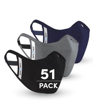 Safe+Mate x Case-Mate - Cloth Face Mask (51 Pack) Washable & Reusable - Adult S/M - Cotton - Includes Filters - Black/Navy/Gray 51 Pack - Black/Navy/Gray 1 Count (Pack of 51)
