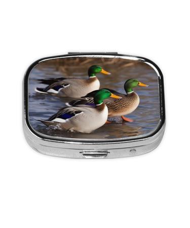 Mallard Ducks Printing 2 Compartment Small Pill Case Cute Small Pill Box Purse Pill Boxs Travel Pill Organizer for Pocket Purse and Travel Gifts