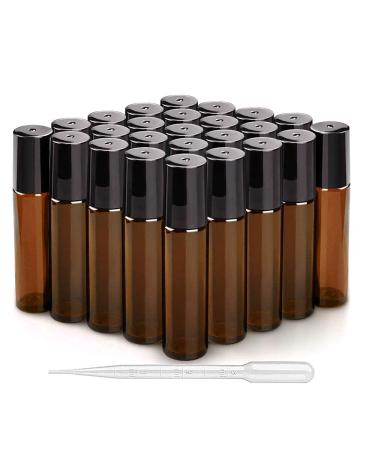25 Pack 10ml Amber Glass Roller Bottles with Stainless Steel Balls Empty Leakproof UV Protection Essential Oil Glass Roller Bottle Including 1 Bottle Opener and 1 Dropper