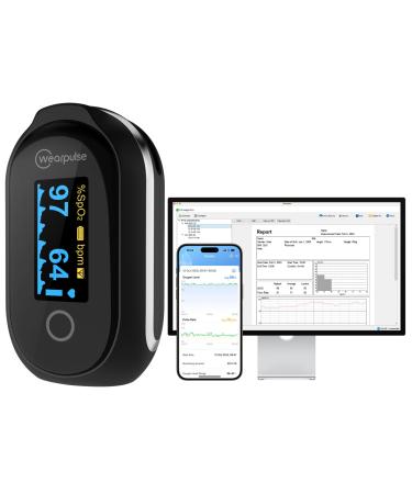 Continuous Pulse Oximeter Fingertip Built-in Storage for 8*10 Hours Rechargeable Blood Oxygen Saturation Monitor Bluetooth O2 Sat Monitor Finger for Oxygen Tracking SpO2 and Pulse Rate with APP and PC Reports Audio Reminder Black