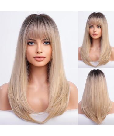 Oefei Long Straight Blonde Wig with Bangs & Dark Roots - 19 Synthetic Hair Wig for Women - Perfect for Daily Wear Parties & Cosplay - Buy Online on GoSupps.com