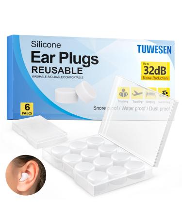 Reusable Ear Plugs Silicone Ear Plugs for Sleeping Waterproof Noise Cancelling Earplugs for Concerts Swimming Shooting Snoring Airplane Motorcycle NRR 32dB 12 Pack