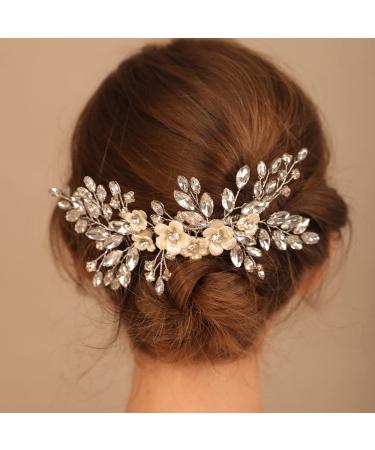 Bridal White Flower Blue Crystal Rhinestone Hair Comb for Bride - Wedding Hair Accessories - Buy Online on GoSupps.com