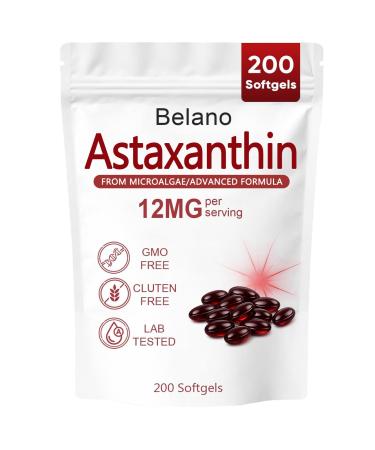 12mg Premium Astaxanthin Antioxidant Supports Eye Immune Skin Health Non-GMO Gluten-Free 200 Softgels 200 Count (Pack of 1)