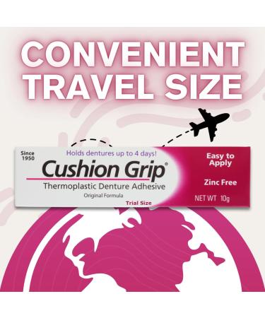 Cushion Grip Thermoplastic Denture Adhesive 0.35 oz Travel Size (Pack of 3) Refits and Tightens Loose Dentures for Up to 4 Days | Non-Glue Zinc-Free Waterproof Formula Acts Like a Soft Reliner - Buy Online on GoSupps.com