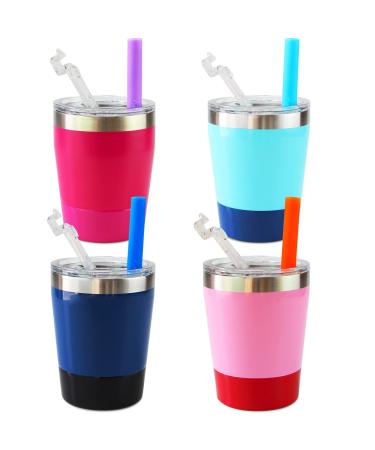 Housavvy 4 Pack 8 OZ Insulated Stainless Steel Kids Cups with Lids and Silicone Straws BPA Free Toddler Cups for Kids Smoothie Drinking Leakproof Baby Tumbler Sippy Cups for Toddlers Easy Cleaning Navy/Teal/Pink/Rose