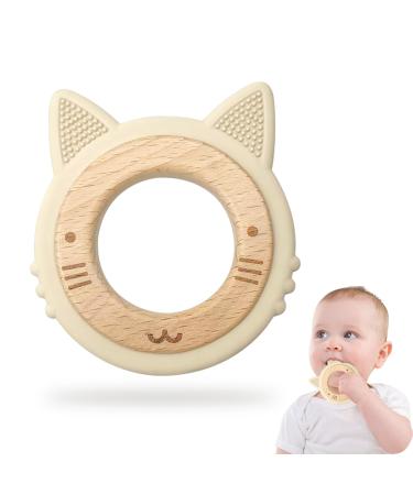 Natural wood and cat silicone bite ring accommodation and gripping toy baby toy bite ring as a birth gift- wooden toy sustainable bisphenol A (BPA) free no harmful substances