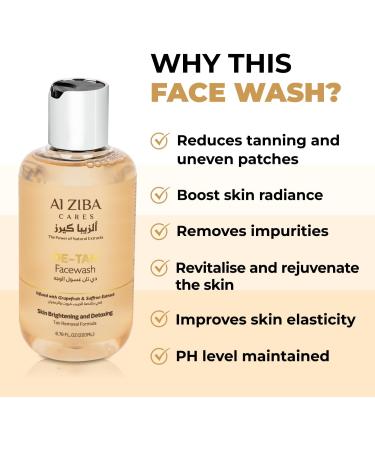 ALZIBA CARES De-Tan Anti-Tan Face Wash with Glycolic Acid Saffron and Grape Fruit Extract | Gently Cleanses Dead Skin Cells | Tan Removal Formula Facial Cleanser for Men & Women | 200ml - Buy Online on GoSupps.com