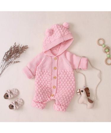 Knitted Hooded Romper Onesie | Baby Boy Girl Clothes | Long Sleeve Jumpsuit | 6-12 Months | Pink Hairball Detail - Buy Online on GoSupps.com