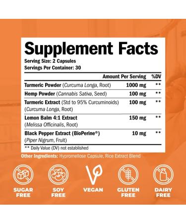 Turmeric Curcumin Capsules with Black Pepper & Hemp - Vegan Joint Support with Bioperine. 95% Curcuminoids for Sleep, Mood & Stress - 60 Caps - Buy Online on GoSupps.com