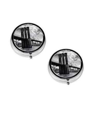 (Brooklyn Bridge) Round Pill Box 3 Compartment Pill Box Mini Decorative Pocket Purse Portable Travel Medicine Tablet Vitamin Holder Organizer Pill Case