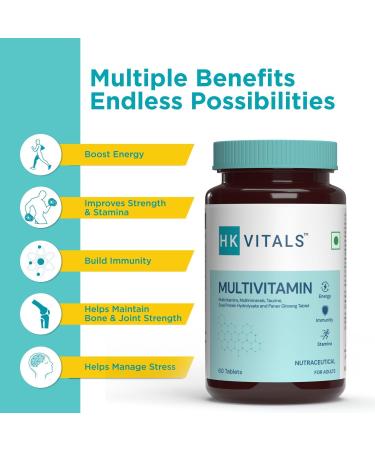 LL HealthKart HK Vitals Multivitamin for Men and Women 60 Multivitamin Tablets with Zinc Vitamin C Vitamin D3 Multiminerals and Ginseng Extract Enhances Energy Stamina & Immunity - Buy Online on GoSupps.com
