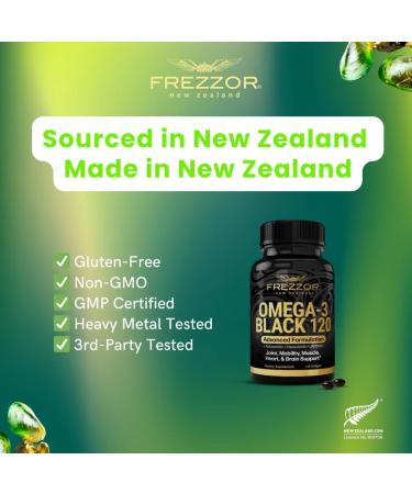 FREZZOR Omega 3 Black - Green Lipped Mussel Oil Capsules Made in New Zealand UAF1000+ No Fishy Aftertaste 120 Count (Pack of 1) - Buy Online on GoSupps.com