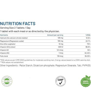 Calcium Magnesium Zinc Vitamin D3 K2 B12 Folic Acid | Joint Support Bone Strength| for Men & Women Health Supplement - 120 Vegetarian Tablets - Buy Online on GoSupps.com