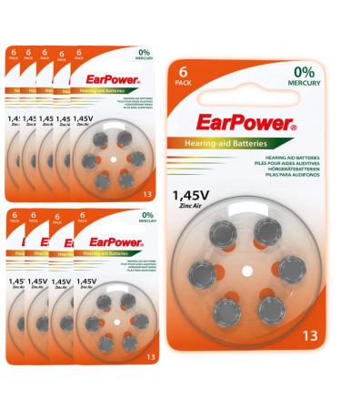 60 EarPower 13 Hearing Aid Batteries (Set of 10 x 6 Batteries) | Batteries for Hearing Aid Devices Mercury Free Battery | PR48 - Zinc Air - Voltage 1.45V | Size 13 A13 P13 | Colour Code : Orange