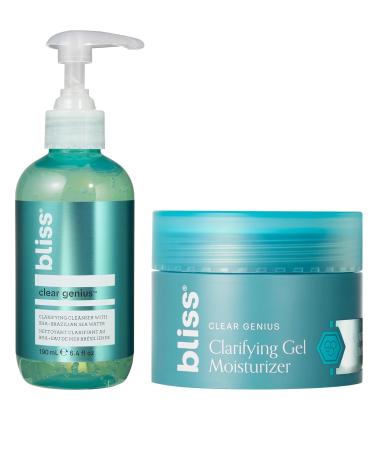 Bliss Clear Genius Cleanser 6.4 oz + Gel Moisturizer 1.7 oz | Salicylic Acid & Niacinamide to Purify Pores Control Oil & Hydrate | Vegan Tea Tree Scent Oil-Free Paraben-Free Blemish-Prone Skin