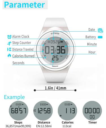 Synwee Sports Pedometer Watch Fitness Tracker | IP68 Water Resistant | Vibration Alarm Clock & Stopwatch | Non-Bluetooth | White - Buy Online on GoSupps.com