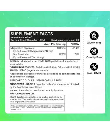 Magnesium Glycinate 1100mg (Elemental Magnesium 242mg) with Zinc 10mg (as Zinc Picolinate) Per Serving - 120 Capsules (Pack of 1) - Buy Online on GoSupps.com