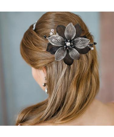Campsis Flower Bridal Hair Barrette with Black Rhinestones - Handmade Crystal Hair Clip for Wedding, Prom, Bridesmaids - Buy Online on GoSupps.com