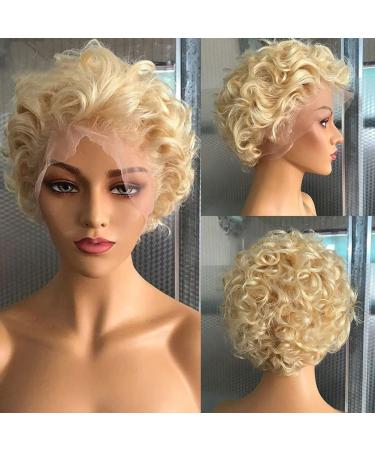 afsisterwig Short Pixie Cut Disposable Curly Styled Bob Wig 613 Blond Hair Glueless Brazilian Virgin Human Hair Lace Front Wigs Pix Style Pre Plucked Hairline with Baby Hair(13X4 613 Blonde)