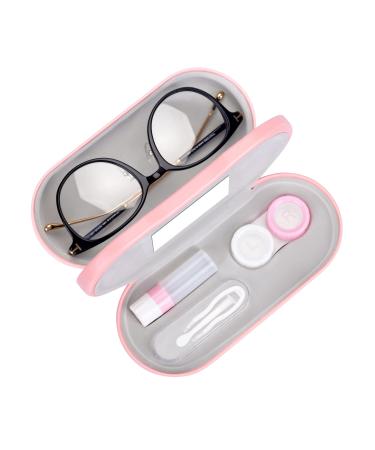 Muf 2 in 1 Contact Lens Case and Glasses Case,Double Sided Dual Use Design,Leak Proof & Portable,Tweezer and Contact Lens Solution Bottle Included for Travel Kit(Pink)