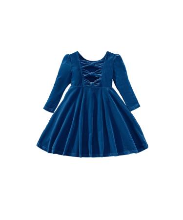 Miipat Baby Girls Velvet Dress Toddler Girl Long Sleeve Dresses Fall Winter Elegant Kids Princess Birthday Party Wedding Dress 3-4 Years Blue