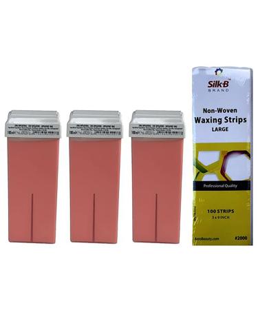 Waxing Kit Professional Roll On Pink Wax with Strips (4 Pack) Hair Removal Wax Cartridge Depilatory Wax Roller with 100 Non-Woven Waxing Strips (3 Wax Cartridges & 1 Pack Strips)