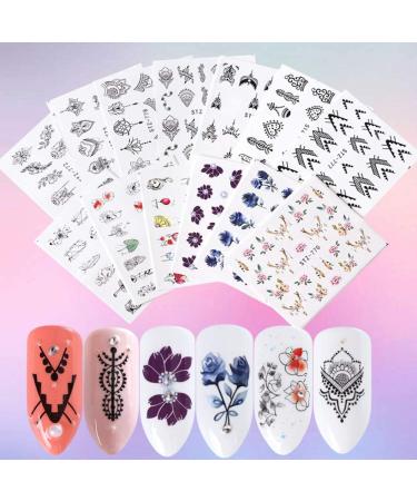 Black Nail Art Stickers Water Transfer Decals with Floral and Dream Catcher Design - 13 Sheets | DIY Nail Manicure Supplies - Buy Online on GoSupps.com