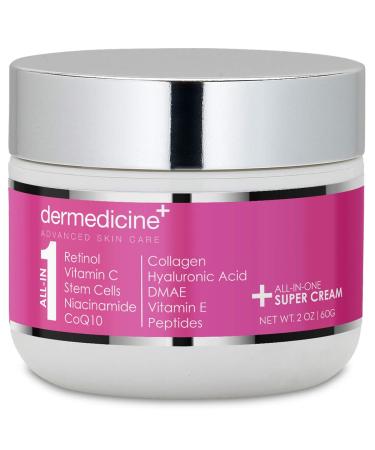 All In One Super Anti-Aging Cream for Face with Retinol, Vitamin C, Stem Cells, Vitamin E, CoQ10, Collagen, Hyaluronic Acid, DMAE, Peptides, Niacinamide for More Youthful Looking Skin 2 oz / 60 g 2 Ounce (Pack of 1)