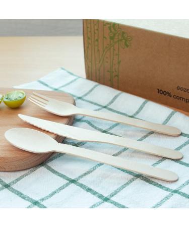 eezee2BUY Disposable Wooden Cutlery Set (300 PCS) - Natural Eco Friendly Party Pack of Birchwood Knives Forks & Spoons - Lightweight Durable & Safe Tableware (Forks + Spoon + knives) - Buy Online on GoSupps.com