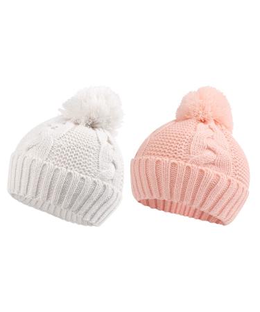 XIAOHAWANG Causal Winter Baby Boys Knit Hat Twist Infant Toddler Hats Kids Girls Pompom Cap 0-3 Years 1-3 Years White+Pink
