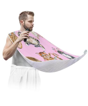 Funny Cartoon Cats Beard Bib Apron Beard Bib Hair Catcher for Men Shaving and Trimming Non-Stick Waterproof Beard Cape Grooming Cloth with 2 Suction Cups Gifts for Men