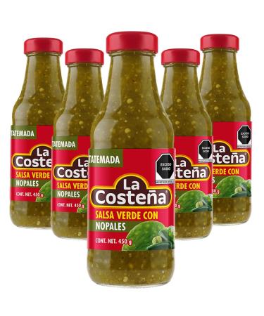 La Costena Salsa Verde with Cactus 450g (Pack 5) / Authentic Mexican Salsa Verde Sauce with Nopales Salsa Dip Bottle Bundle