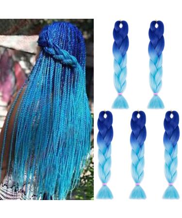 SEGO 5 Pieces Hair Braid Extensions Ombre Colors Braiding Hair Extensions Crochet 2 Tones 24" Dark Blue & Light Blue