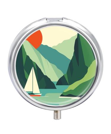 Round Pill Box Water Near Mountains Print 3 Compartment Medicine Pill Case Print Pill Organizer Decorative Metal Portable Pill Box Pocket Pill Box Style