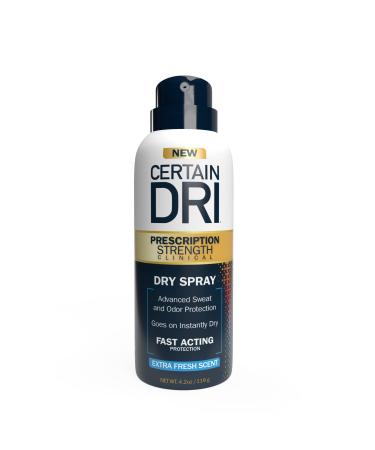Certain Dri Prescription Strength Clinical Antiperspirant Deodorant Dry Spray for Men and Women (1pk), Fast Acting Protection from Excessive Sweating, 4.2 oz 4.2 Ounce (Pack of 1) Dry Spray (New!)