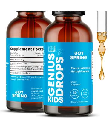 Genius Drops Brain Supplement For Kids - Kids Focus And Attention Supplements Support Healthy Brain Function - Organic Kids Focus And Attention Drops - Ginkgo Biloba For Kids Focus Supplement For Kids Herbal Blend 1 Fl Oz
