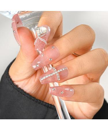 Sethexy long coffin false nails handmade street stones color gradient false nails 3d crystal love heart chain nails to press acrylic nails to stick on for women and girls