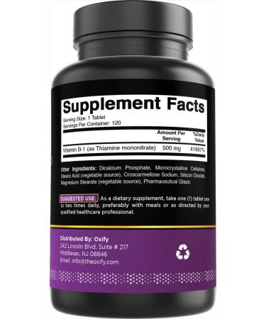 Oxify Vitamin B1 (Thiamine) 500 mg | 120 Tablets | Gluten-Free Non-GMO | Supplement Made in USA - Buy Online on GoSupps.com