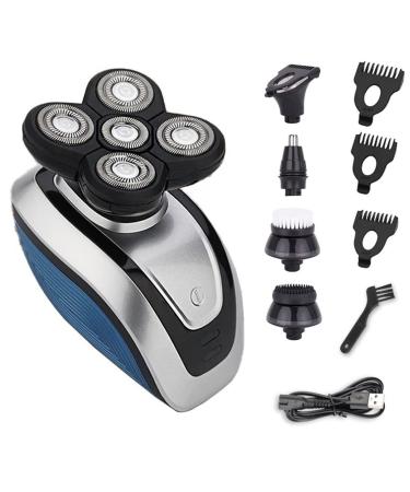 Electric Razor for Men 5 in 1 Men's Electric Shaver 4D Waterproof Shaver USB Rechargeable Bald Rotate Portable Hair Trimmer Five Heads Blue-set