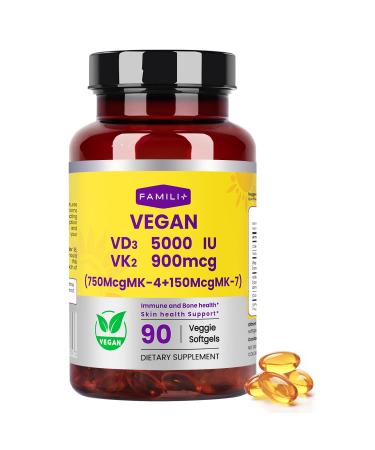 FAMILI+ 90 Days Vegan Vitamin D3 5000IU +K2 900Mcg Softgel with Coconut MCT Oil | 5000IU Plant Source Vitamin D3+750Mcg MK4+150Mcg MK7 | Broad Spectrum K2| Bone Muscel Teeth Overall Health|100% Vegan