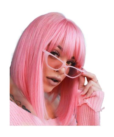 AISI BEAUTY Pink Bob Wigs with Bangs 12 Inch Short Straight Bob Wigs Colorful Synthetic Cosplay Daily Party Wig for Women 12 Inch (Pack of 1) Pink
